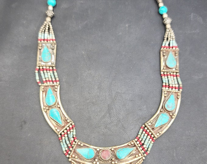 Handmade Authentic Silver Beautiful Vintage Silver Necklace With Turquoise Coral And Lapis Lazuli