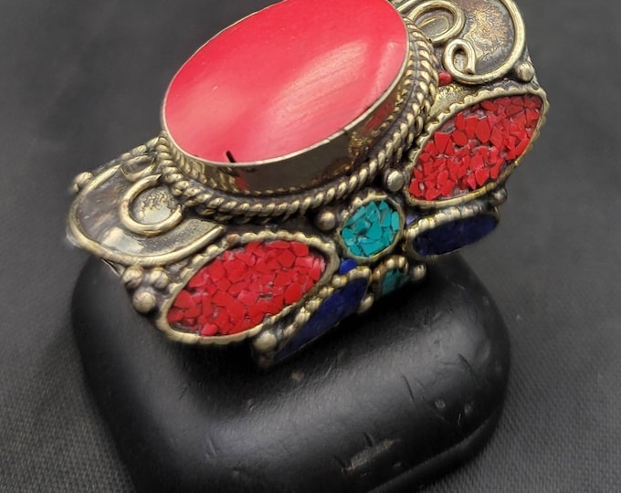 Vintage Baho Design Silver Ring With Red Coral Gemstone Vintage Silver Ring Antique Silver Ring