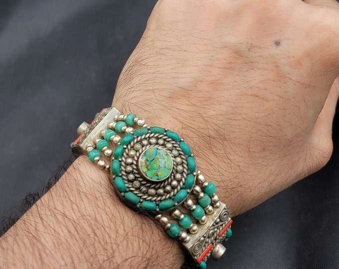 Vintage Tibeten Old Silver Turquoise And Coral Stone Adjustable Bracelet