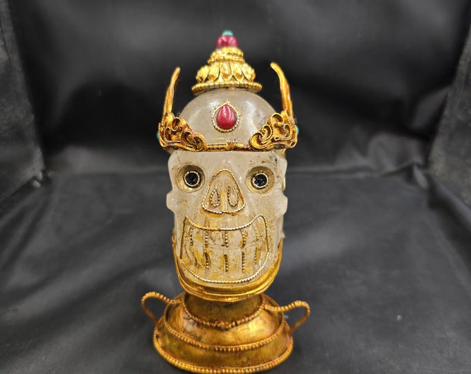 Rare Unique Tibeten Clear Crystal Quratz Skull Authentic Gold Gulit Art Deco Museum Quality