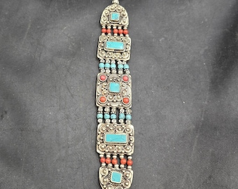 Antique Silver Bracelet: Turquoise & Coral Gemstone, 16cm