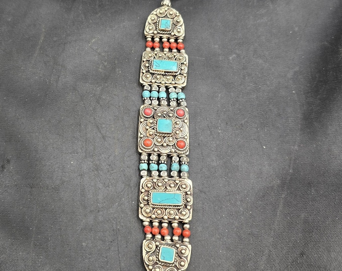 Beautiful Antique Silver Bracelet With Natural Turquoise And Coral Stone