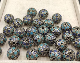 Handmade Afghan Silver Plated Bead: Turquoise & Lapis Inlaid (23mm)