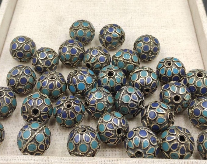 It's Handmade Afghan Vintage Brass Silver Plated Lovely Beads With Turquoise And Lapis Stone Inlaid
