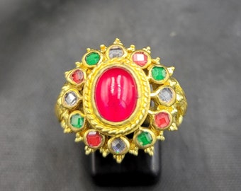 Gold Plated Silver Ring: Handmade Vintage Gemstone Ring, Size 9