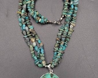 Vintage Tibetan Silver Turquoise Pendant Necklace - 60cm
