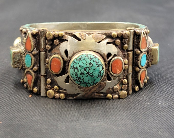 Old Silver Euthic Tibeten Silver Bangle Bracelet With Natural Turquoise Coral