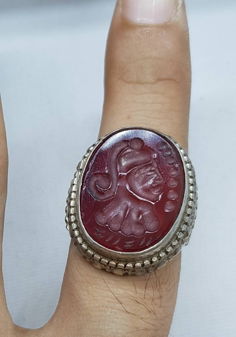 Antique Silver Soild Ring With Ancient Agate Stone Roman King Face Intagilo