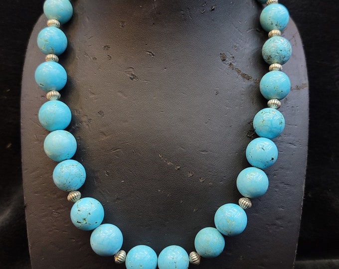 Extremely High Quality Natural Native American Turquoise Round Beads With Silver Beads in Between Necklace