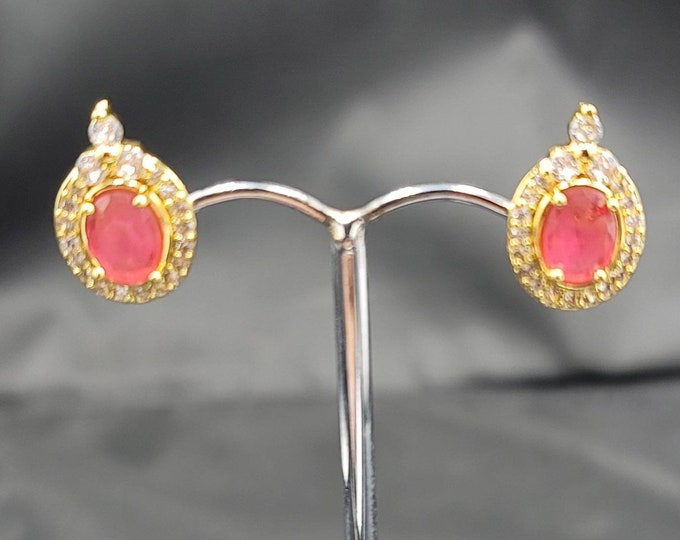 Gold on Silver Victorian Beautiful Earrings With Natural Red Ruby And White Toppaz Gemstone