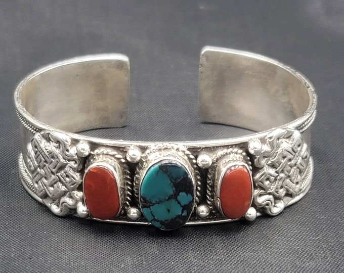 Vintage Near Eastern Beautiful Silver Bangle Bracelet With Natural Turquoise And Coral Stone