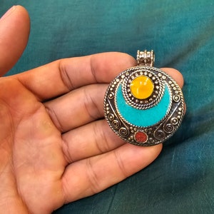 Tibeten Design Old Silver Pendant With Natural Turquoise And Coral