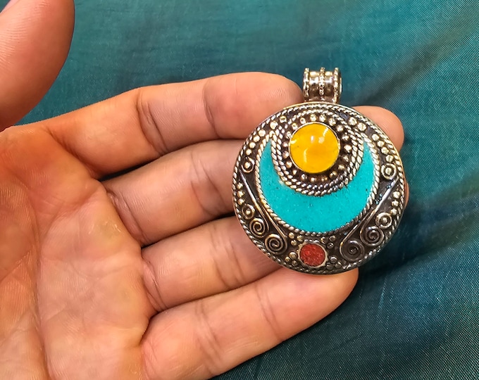 Tibeten Design Old Silver Pendant With Natural Turquoise And Coral