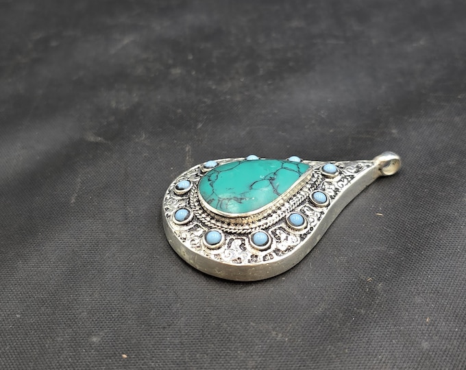 Beautiful Vintage Soild Silver Handmade Near Eastern Authentic Pendant With Natural Turquoise Stone