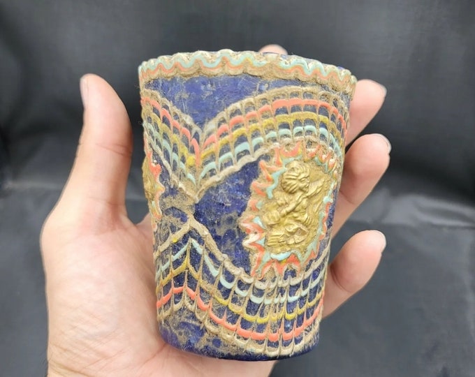 Ancient Unique Mosaic Gabree Glass With 3rd Century Greek King Medal Coin