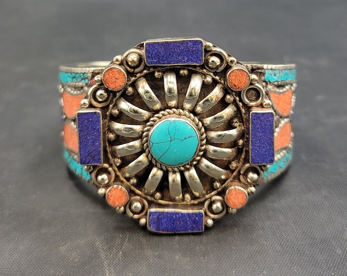 Amizing Vintage Tibetan Silver Bangle Bracelet Cuff With Turquoise Lapis Lazuli And Coral Gemstone