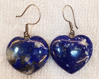 Lapis Lazuli Heart Earrings: Vintage Silver Hooks, Afghanistan Stone