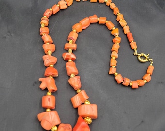 Antique Yemani Coral Necklace: Handmade Gold Plated Beads, 84cm