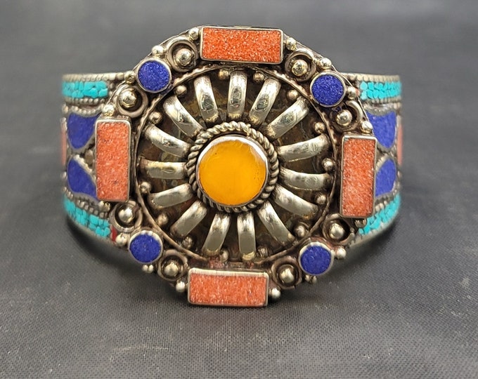 Vintage Tibetan Silver Bangle Bracelet Cuff With Turquoise And Coral Gemstone