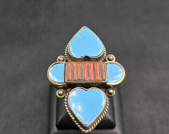 Handmade Turquoise & Coral Tibetan Silver Ring - Size 9