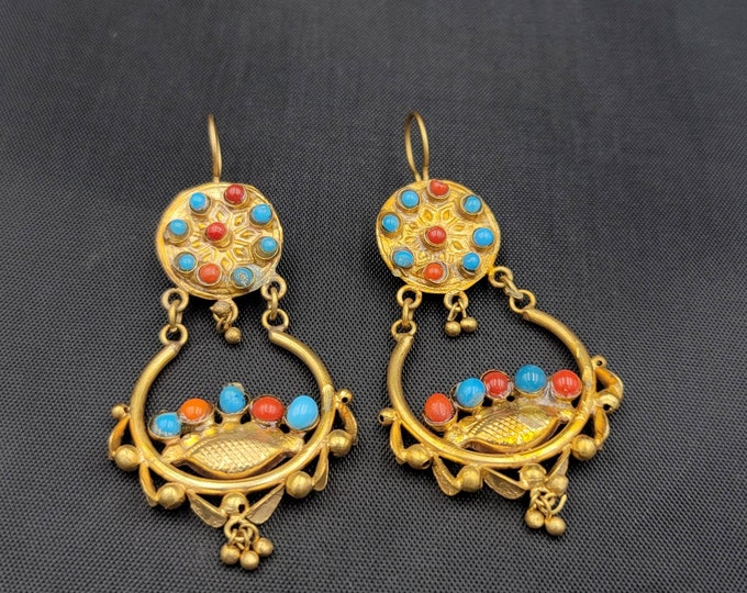 Vintage Beautiful Afghanistan Gold Plated Earrings With Turquoise and Coral Stone