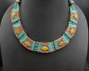 Vintage Silver Necklace, Natural Turquoise Coral Stone (45cm)