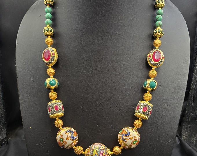 Beautiful Vintage Mughal Design Handmade Enamel Beads With Natural Gemstones Necklace