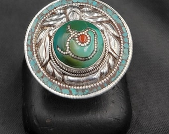 Vintage Turquoise Tibetan Silver Ring - Size 8.5