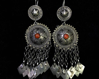 Kochi Afghan Old Vintage Silver Gerogues Earrings With Red Agate Stone