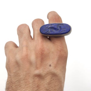 Unique Lapis Lazuli Stone Silver Antique Rare Ring Hourse Intaglio