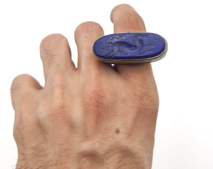 Unique Lapis Lazuli Stone Silver Antique Rare Ring Hourse Intaglio