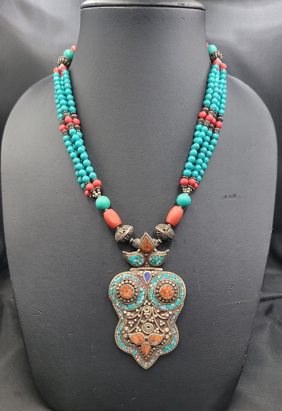 Pendentif En Argent Sterling Années 70 Avec Turquoise Et Corail - 9 Pierres, étoile