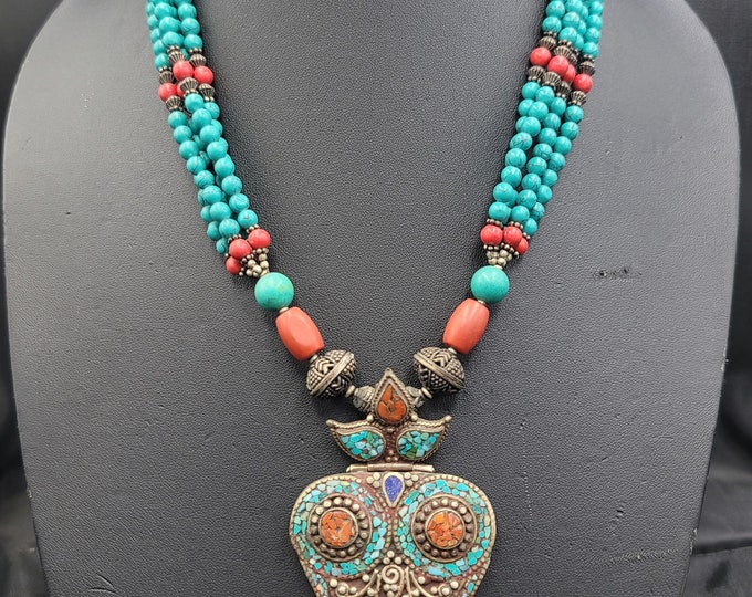 Vintage Old Silver Authentic Gorgeous Necklace With Natural Turquoise And Coral Gemstone