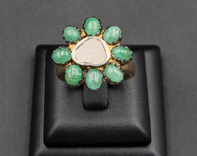 Beautiful 20k Gold Over Silver Victorian Ring With Rough Natural Daimond And Green Emerald Gemstone