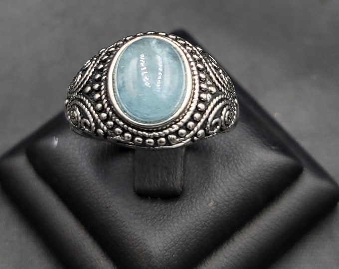 Beautiful Vintage Silver Box Ring With Natural Aquamarine Gemstone Adjustable Ring