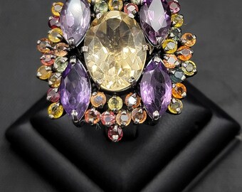 Handmade Sterling Silver Ring: Citrine, Amethyst & Yellow Sapphire