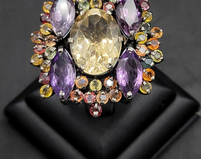 Amizing Gorgeous Huge Silver Ring With Natural Citrine Amethyst And, Yellow Sapphire Gemstone