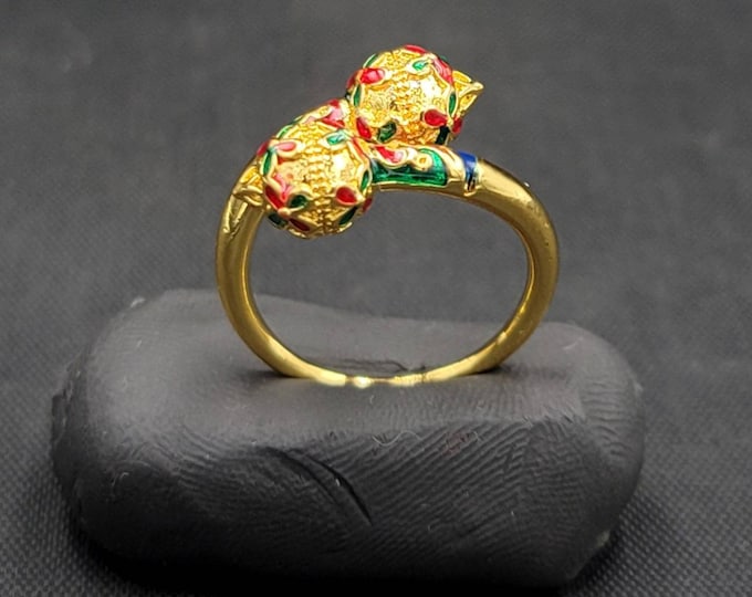Gold Gulding Wonderful Enamel Vintage Beautiful Silver Adjustable Ring