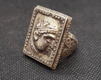 Antique Greek Empire Silver Coin Ring, Size 8