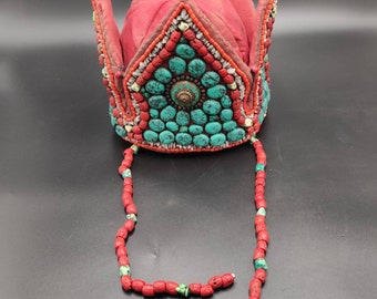 Handmade Vintage Natural Turquoise and Coral Tibeten  Old Hat