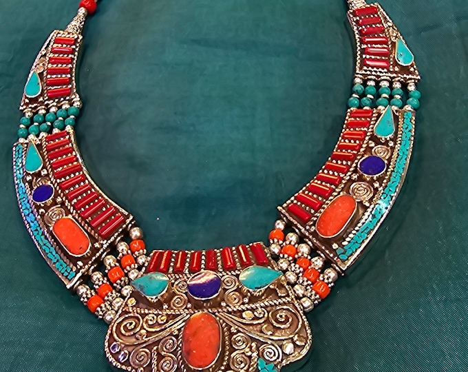 Gorgeous Vintage Old Silver Authentic Necklace With Natural Turquoise And Coral Gemstone
