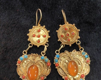 Beautiful Kuchi Design 20k Gold Over Silver Vintage Earrings With Agate Gemstone