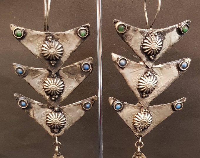 Roman Unique Shape Antique Old Silver Earings With Small Tiny Turquoise Stone
