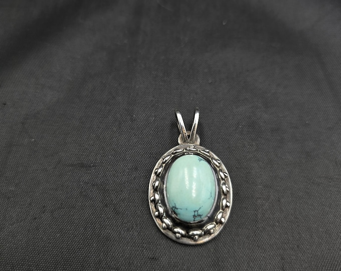 Vintage Tibetan Turquoise Silver Pendant: Handmade Stone Jewelry