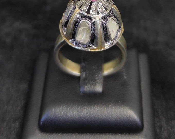Vintage Silver Ring Victorian Design Daimond With Natural Ruby Gemstone