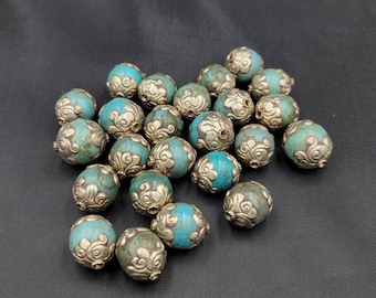 Very Unique Shape Old Turquoise Stone With Silver Beautiful 22mm Beads