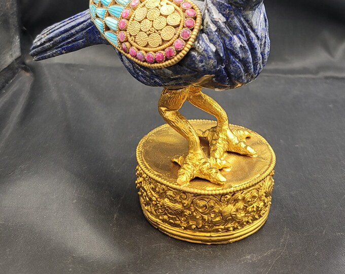 Wonderful Vintage Near Eastern Gold Plated Handmade Lapis Lazuli Stone Bird With Other Gemstone