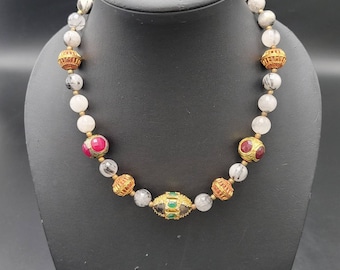 Handmade Mughal Necklace: Rutile Quartz, Ruby, Emerald, Gold Plated Beads
