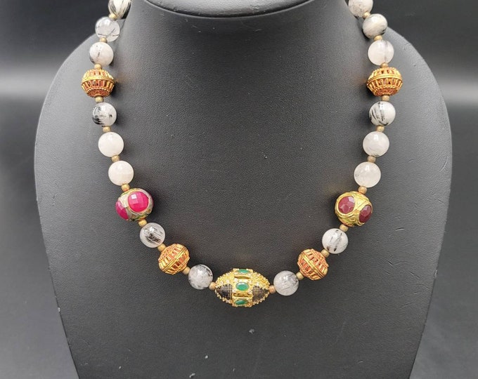 Early 1850th Century Mughal Empire Beautiful Necklace With Rutail Quratz Ruby Stone Beads