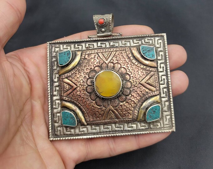 Vintage Beautiful Tibeten Silver And Bronze Carved Medaval Pendant With Turquoise